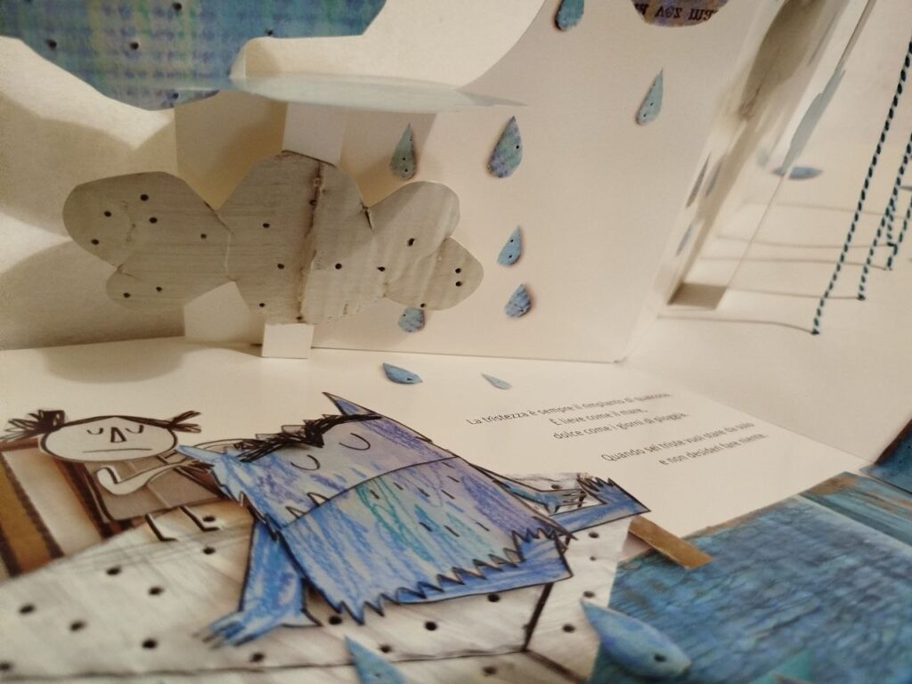 Una pagina de Il colore delle emozioni di Anna Llenas, albo illustrato e pop-up che trasforma sentimenti complessi in immagini tattili e coinvolgenti. Attraverso sagome, colori e tridimensionalità, il libro invita i bambini a riconoscere, nominare e accogliere le proprie emozioni, rendendo la lettura un'esperienza sensoriale e partecipata